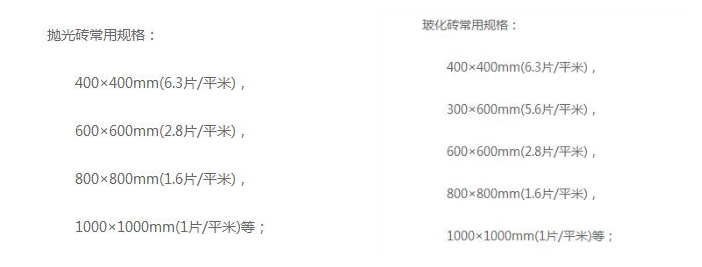 拋光磚和玻化磚規格